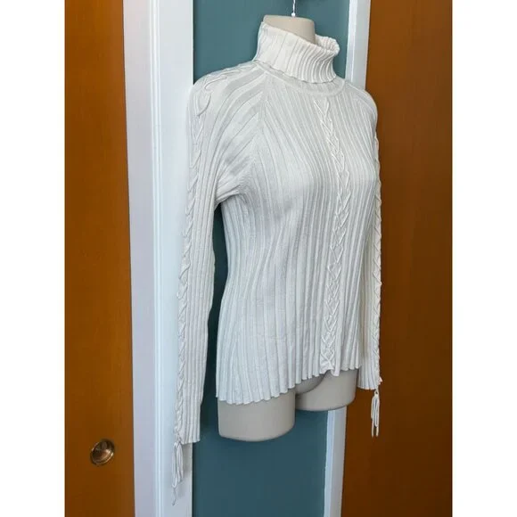 Vintage Cache Womens Turtleneck Size M Ivory Ribbed w Braided Sleeves and Front - Picture 6 of 16